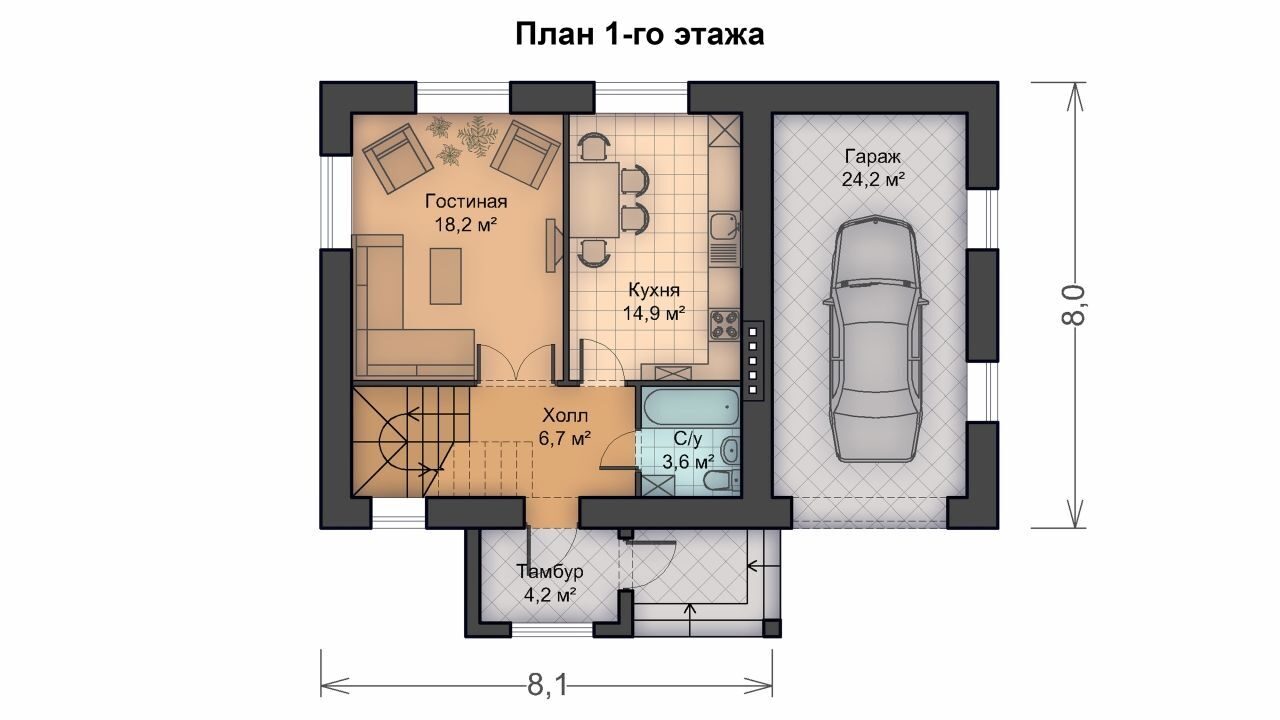 Проект дома с гаражом 130 м2